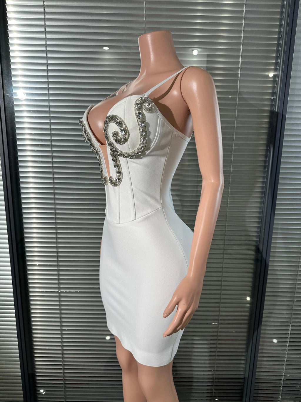 White Silver Rhinestone Embellished Mini Dress