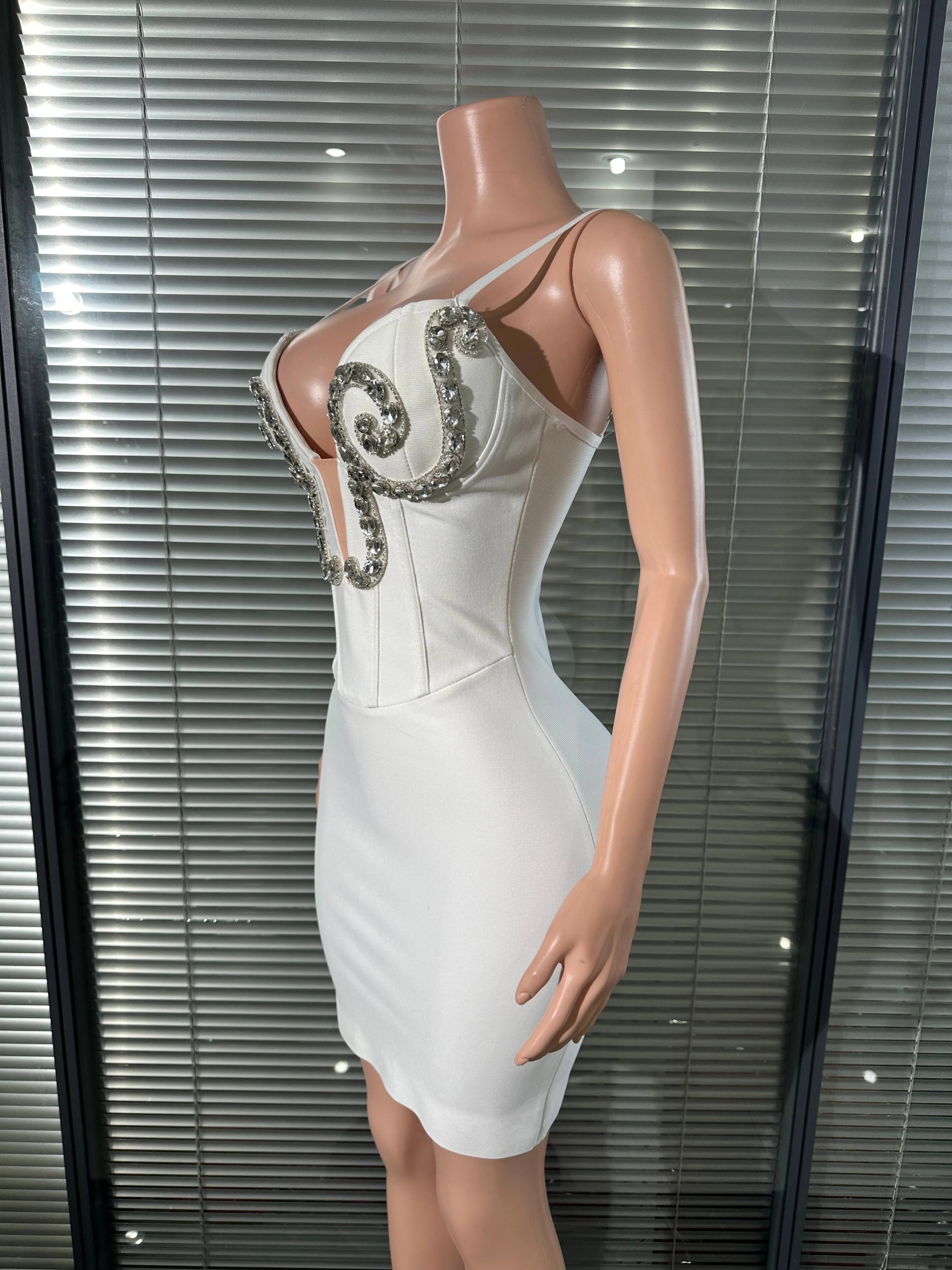 White Silver Rhinestone Embellished Mini Dress
