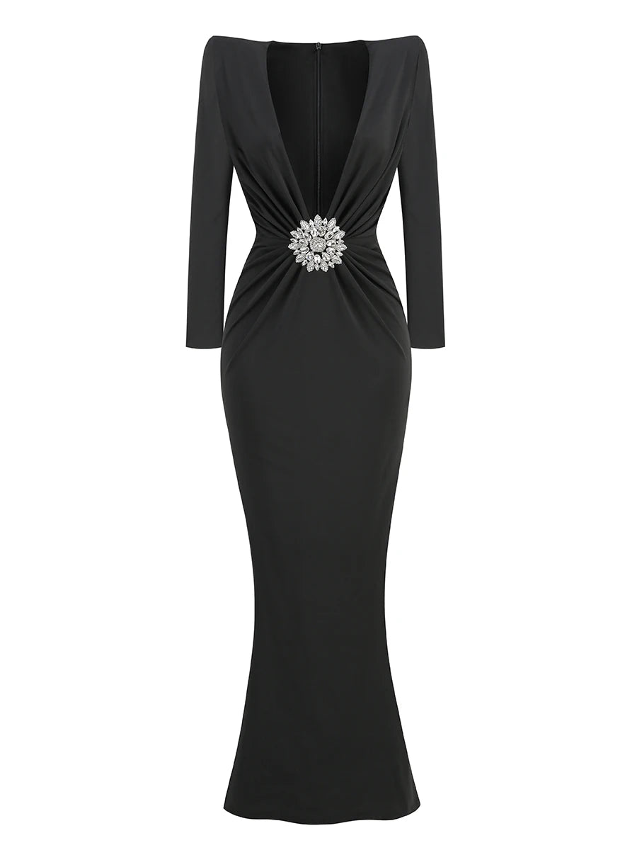 Deep V Neck Crystal Evening Party Dress