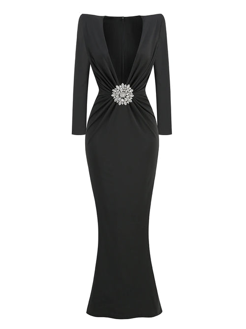 Deep V Neck Crystal Evening Party Dress