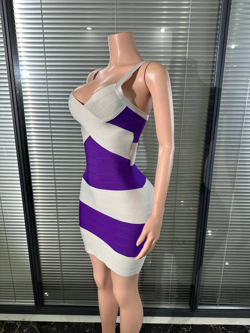 Elegant Purple White Striped Bandage Dress