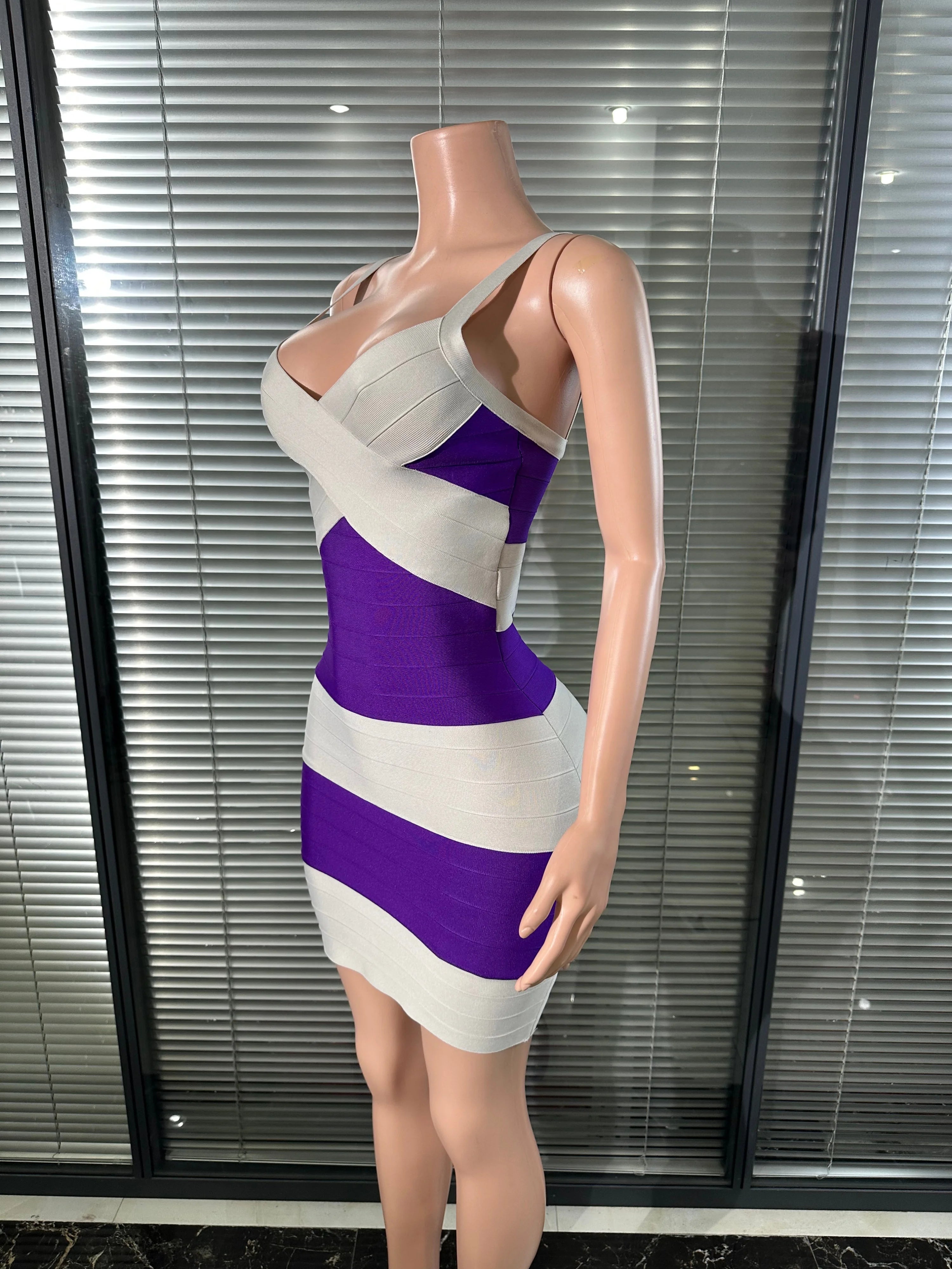 Elegant Purple White Striped Bandage Dress