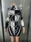 Elegant Black White Geometric Print Knit Mini Dress