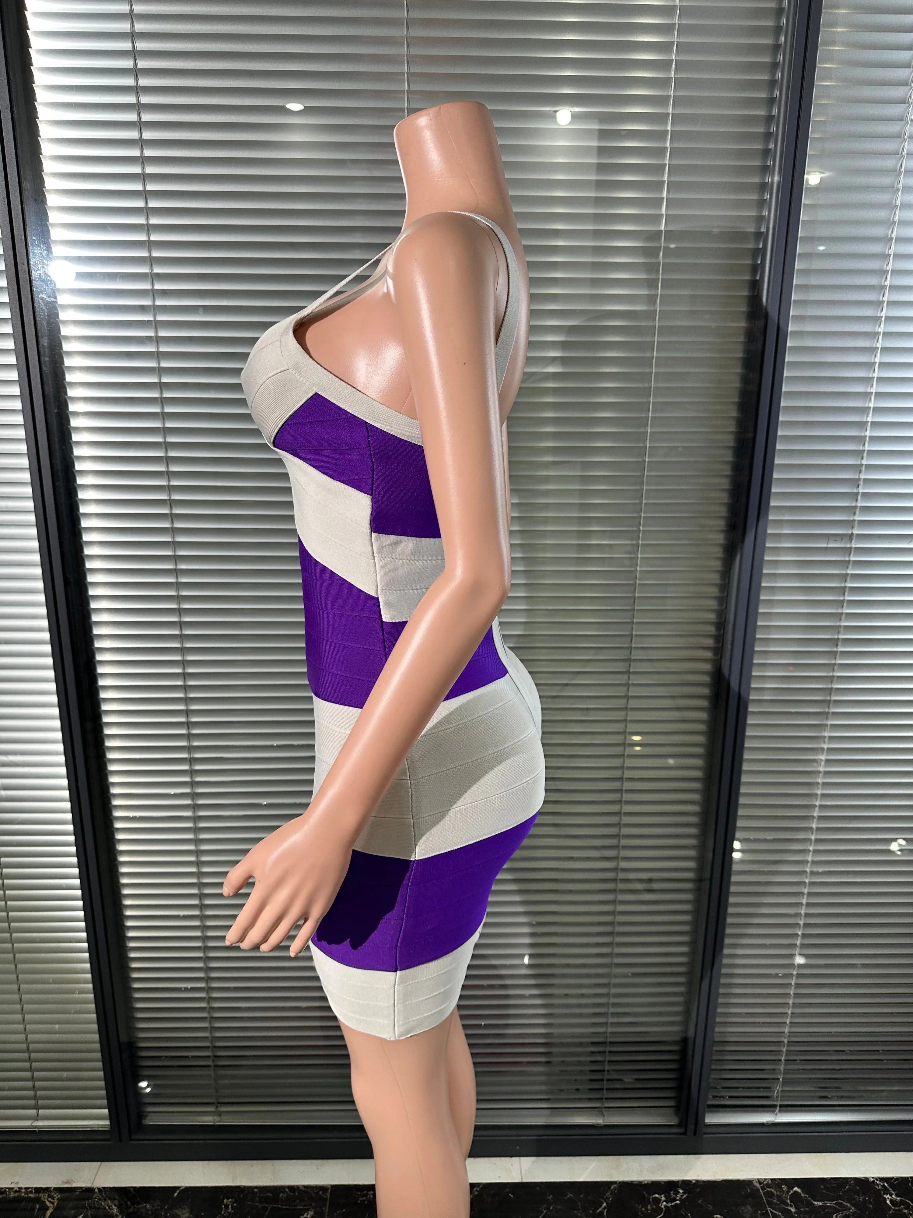 Elegant Purple White Striped Bandage Dress