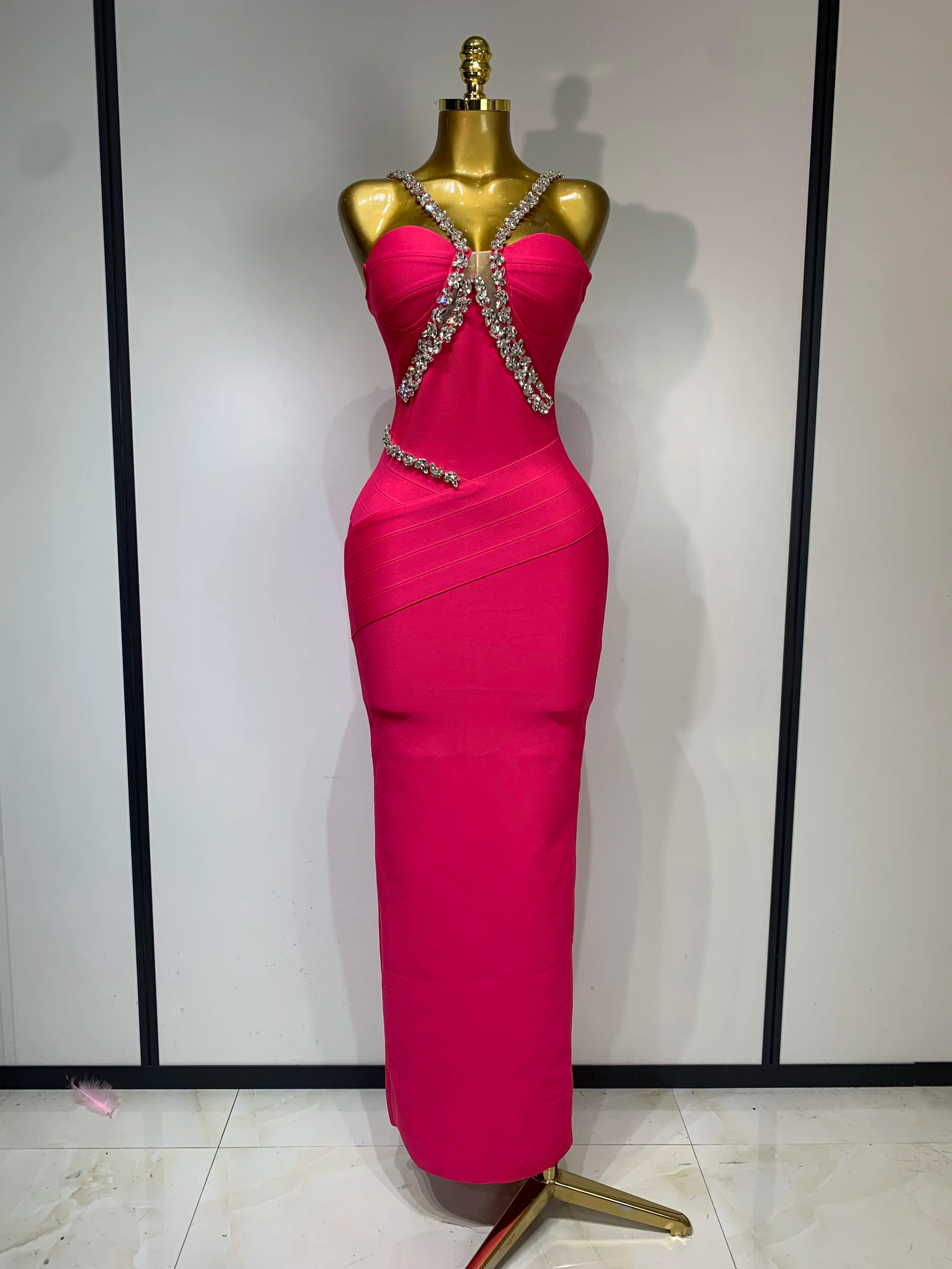 Women Sexy Backless Shinning Crystal Bodycon Long Dress