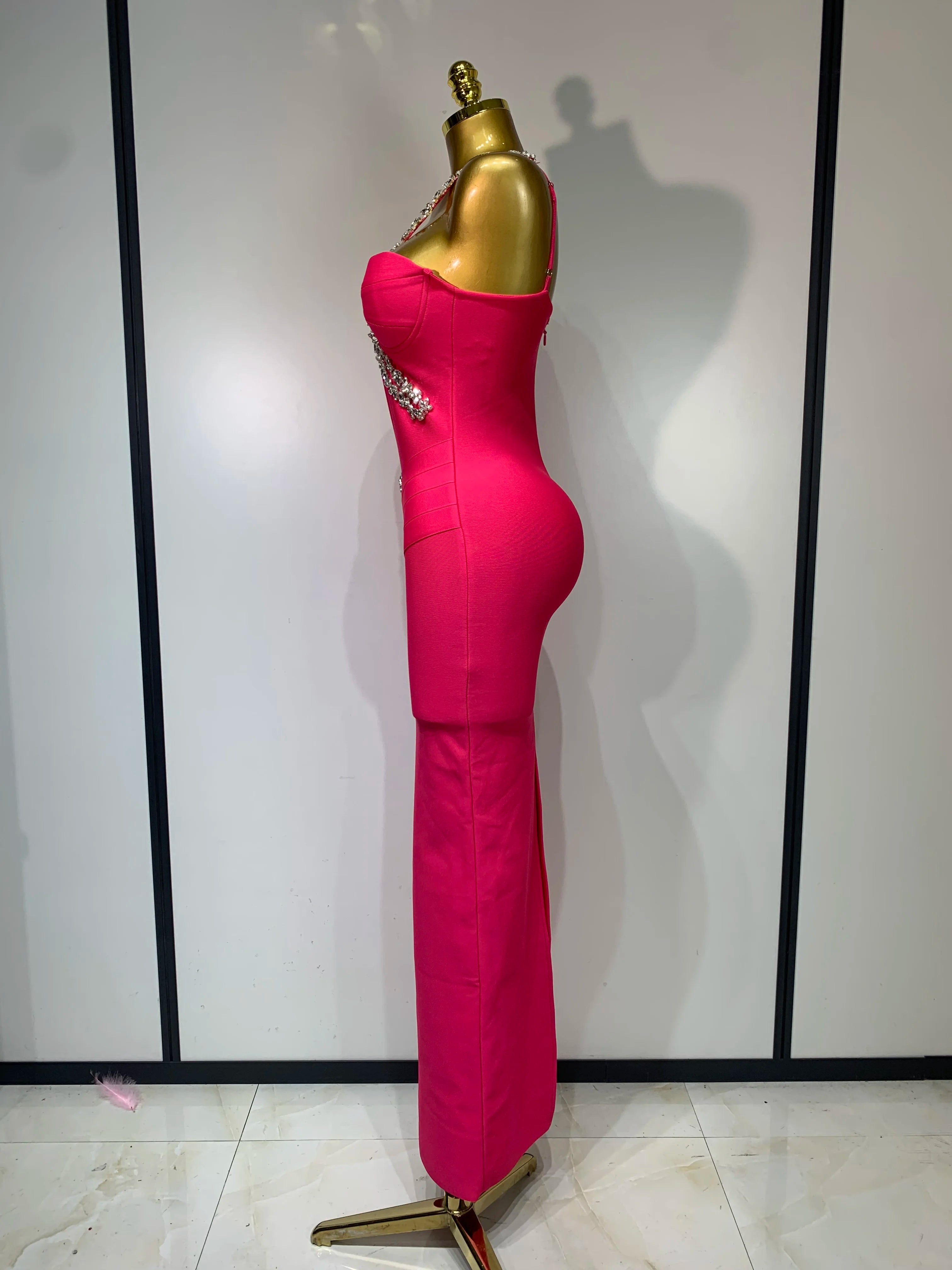 Women Sexy Backless Shinning Crystal Bodycon Long Dress