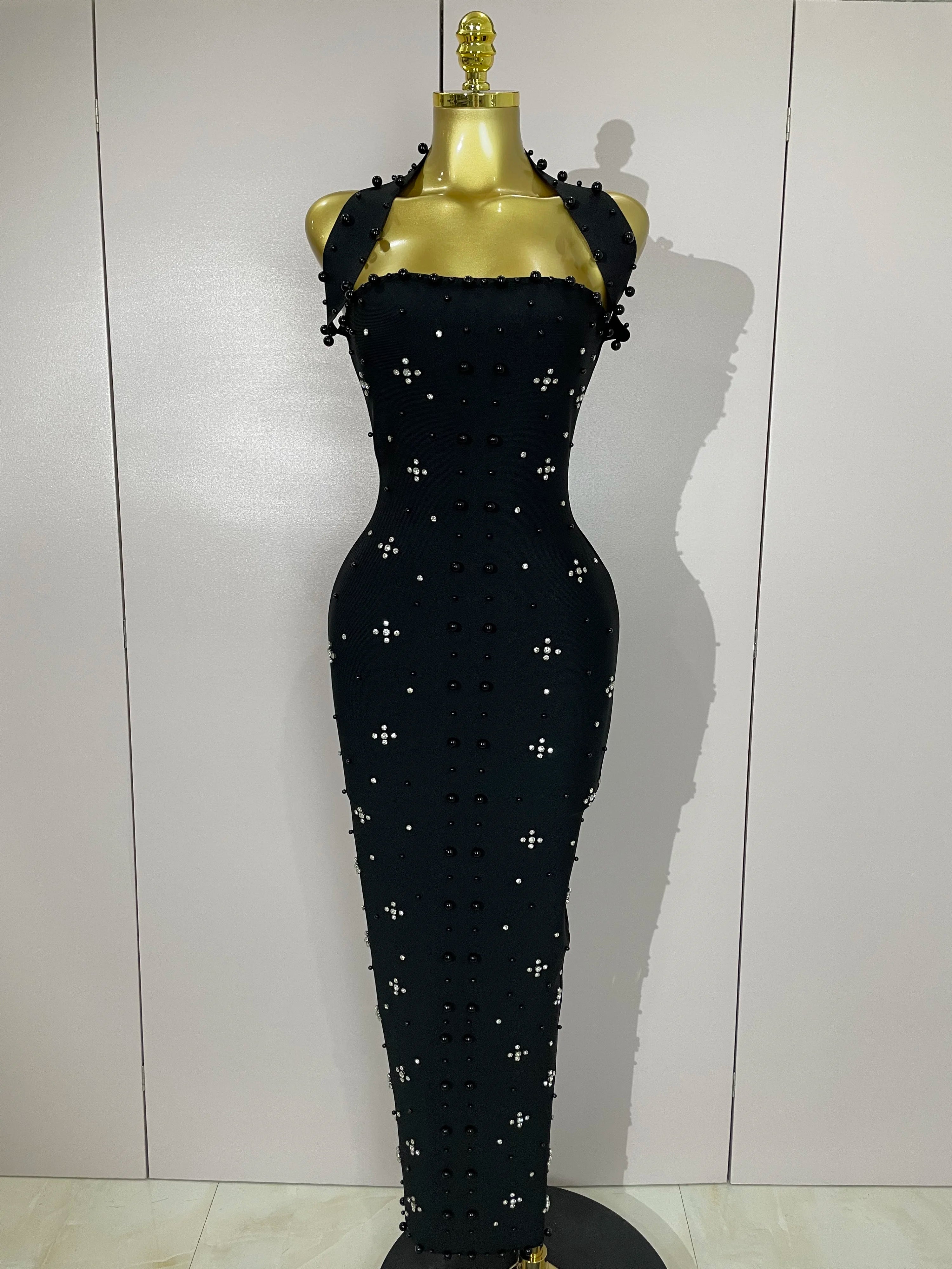 Luxury Shining Diamonds Pearls Sleeveless Bodycon Long Dress