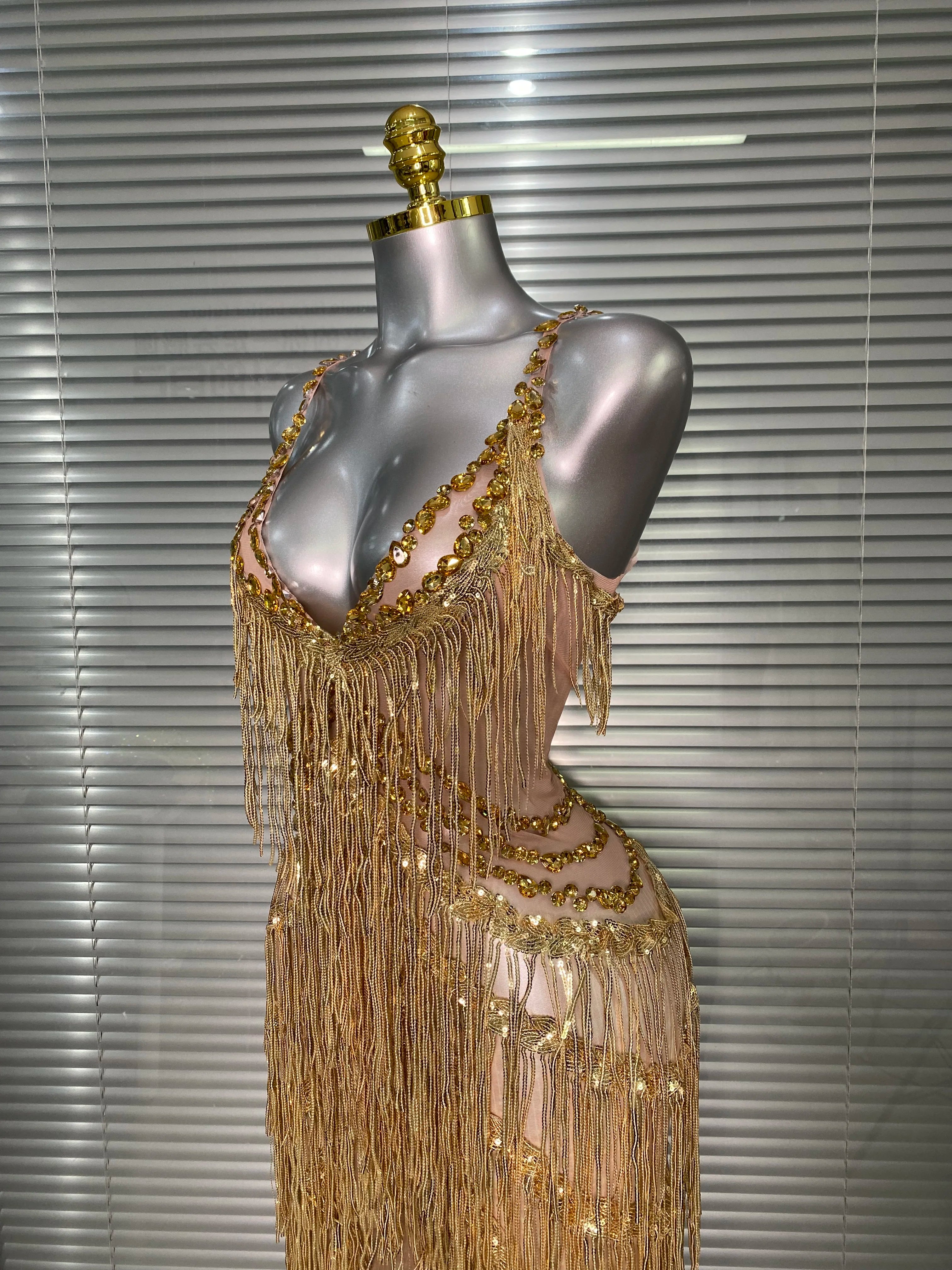 Sexy Gold Tassel Crystal Jumpsuit