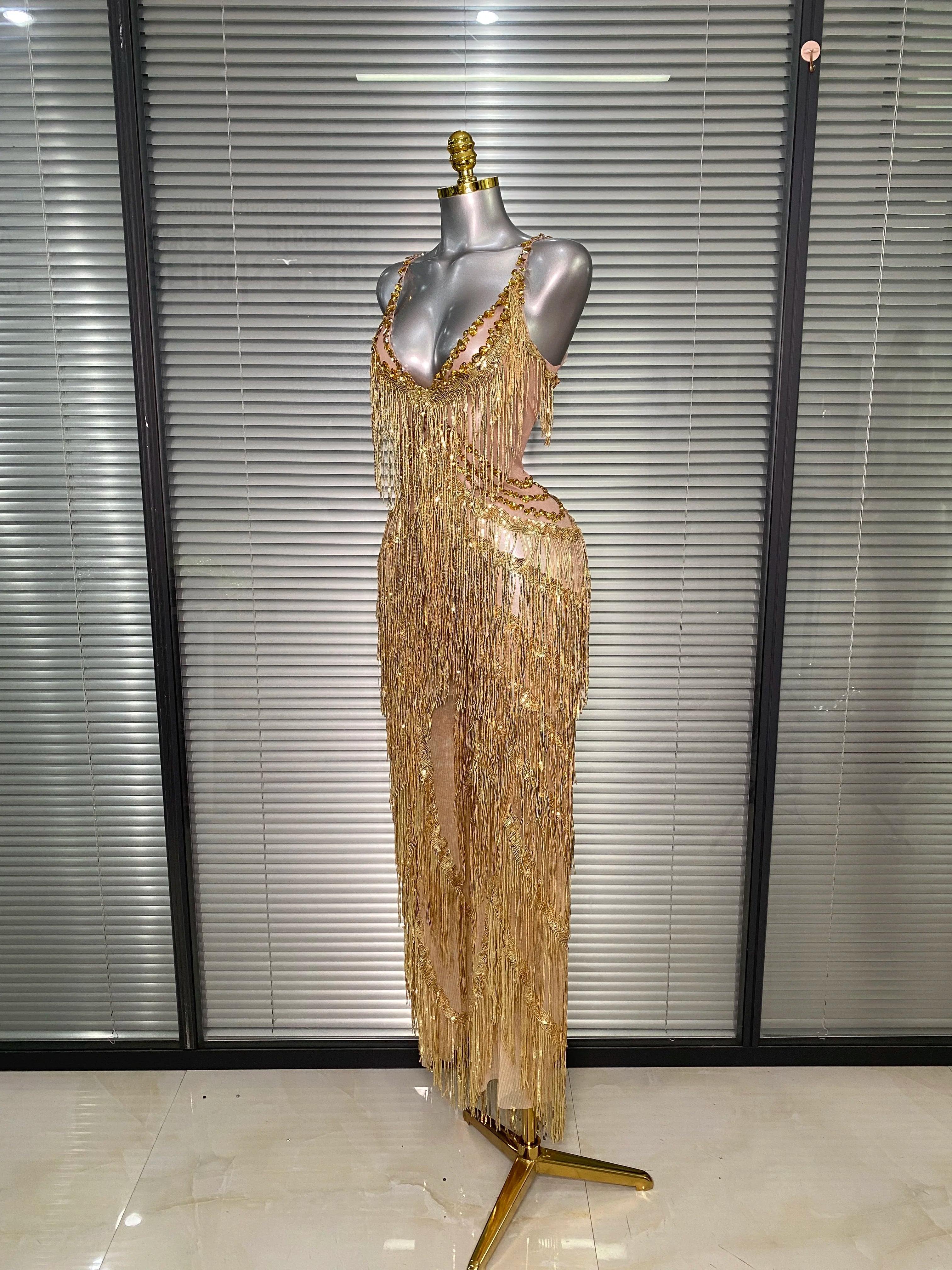 Sexy Gold Tassel Crystal Jumpsuit