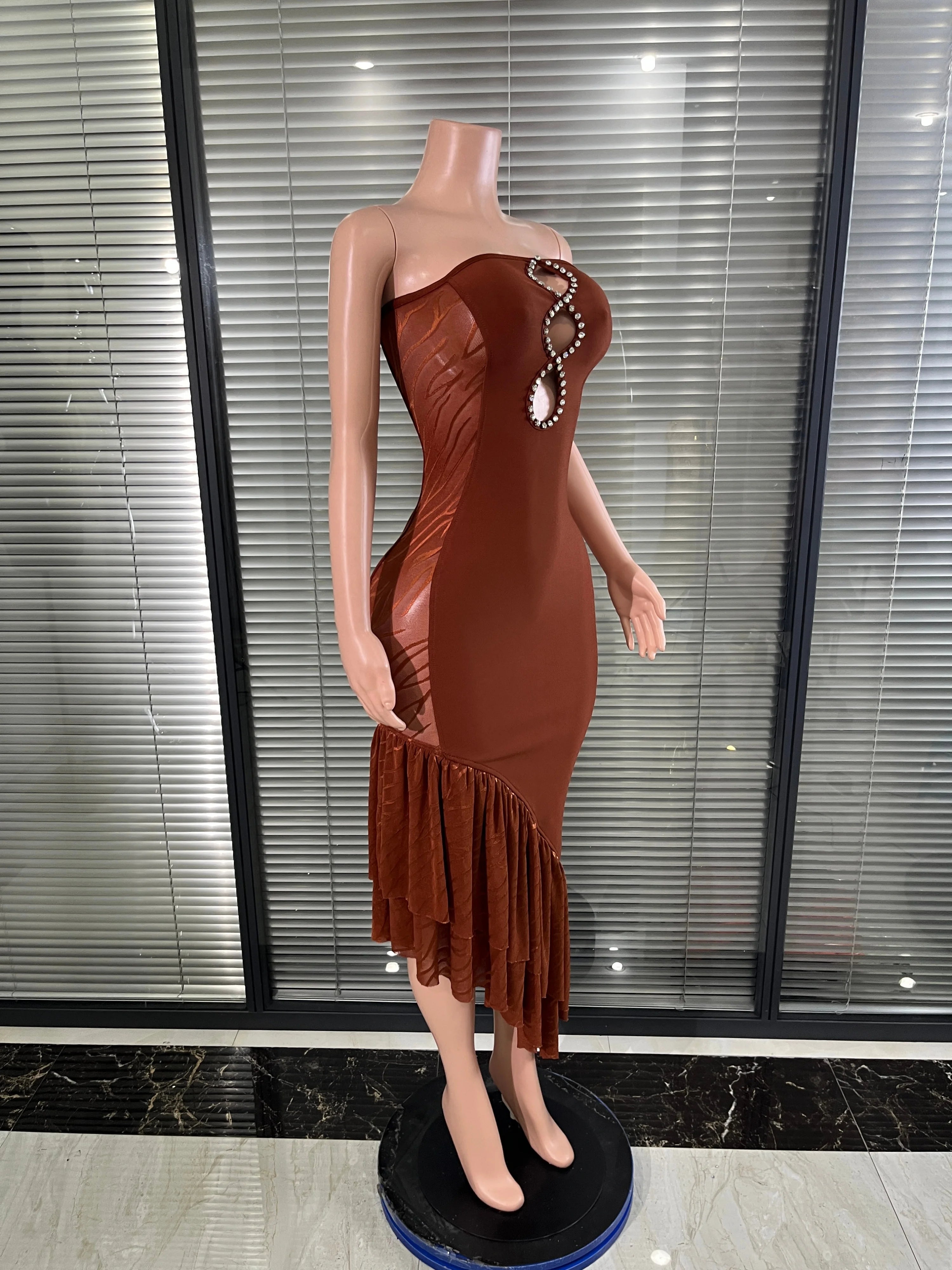 Brown Strapless Bodycon Midi Dress