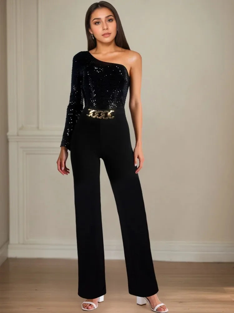 Sequin Jumpsuits Women Long Sleeve Tight High Waist