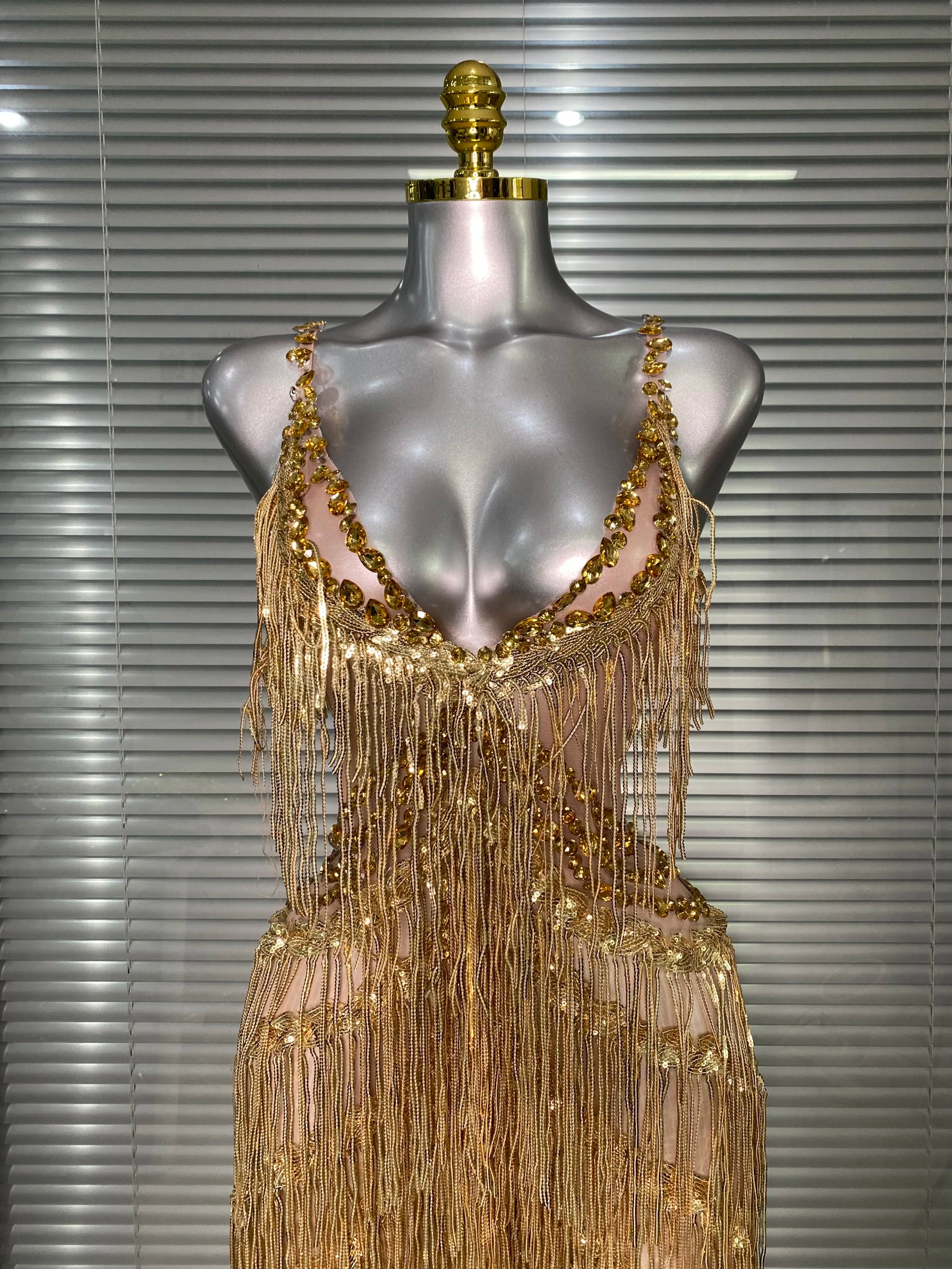Sexy Gold Tassel Crystal Jumpsuit