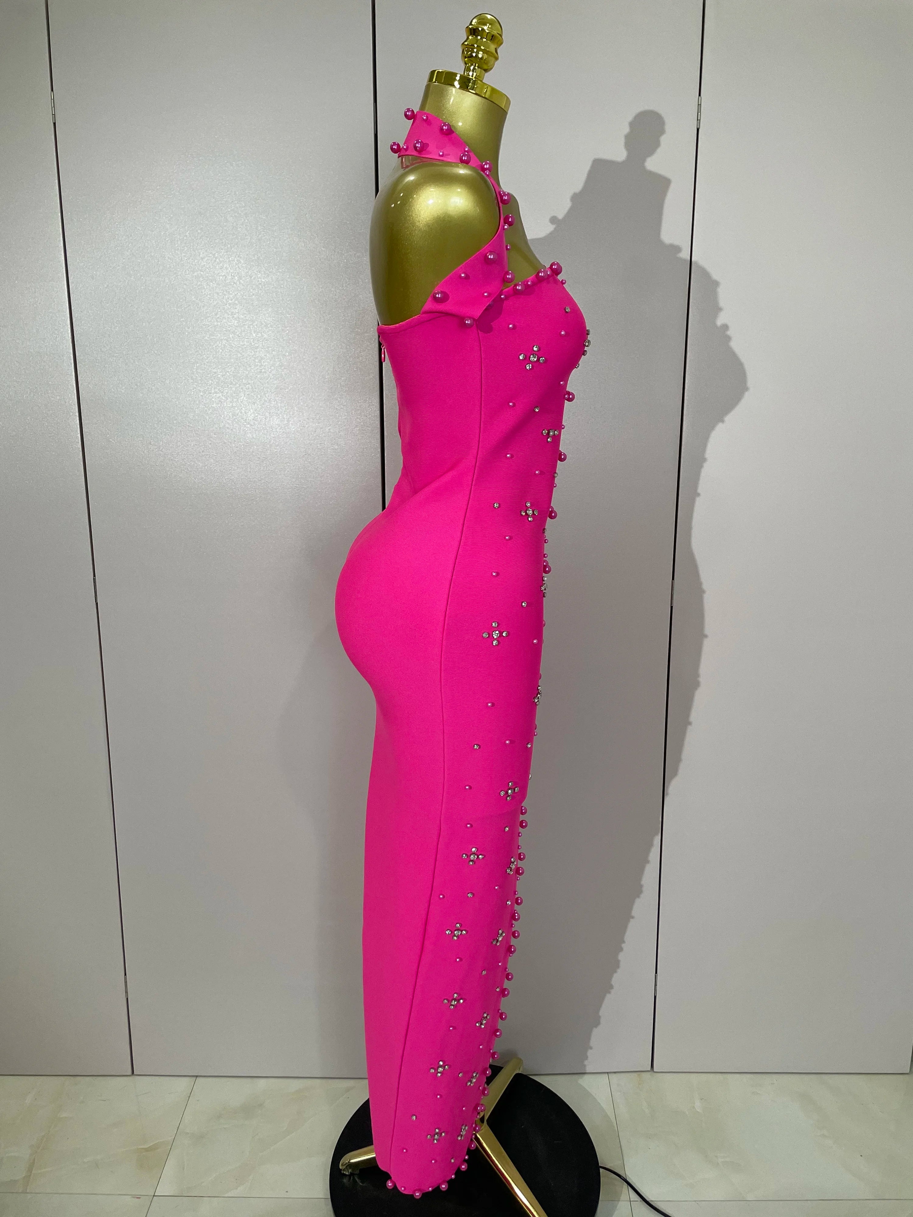Luxury Shining Diamonds Pearls Sleeveless Bodycon Long Dress