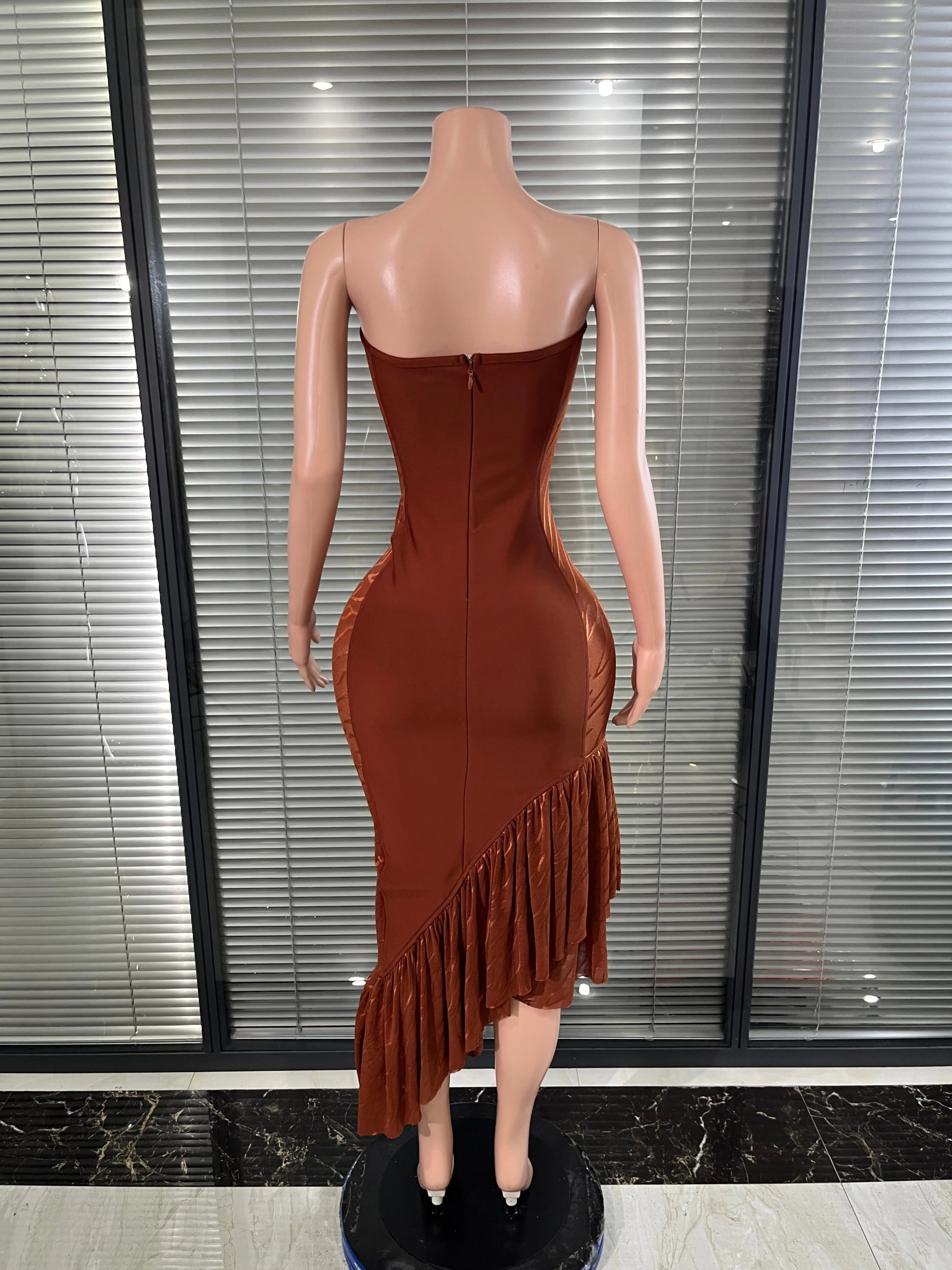 Brown Strapless Bodycon Midi Dress
