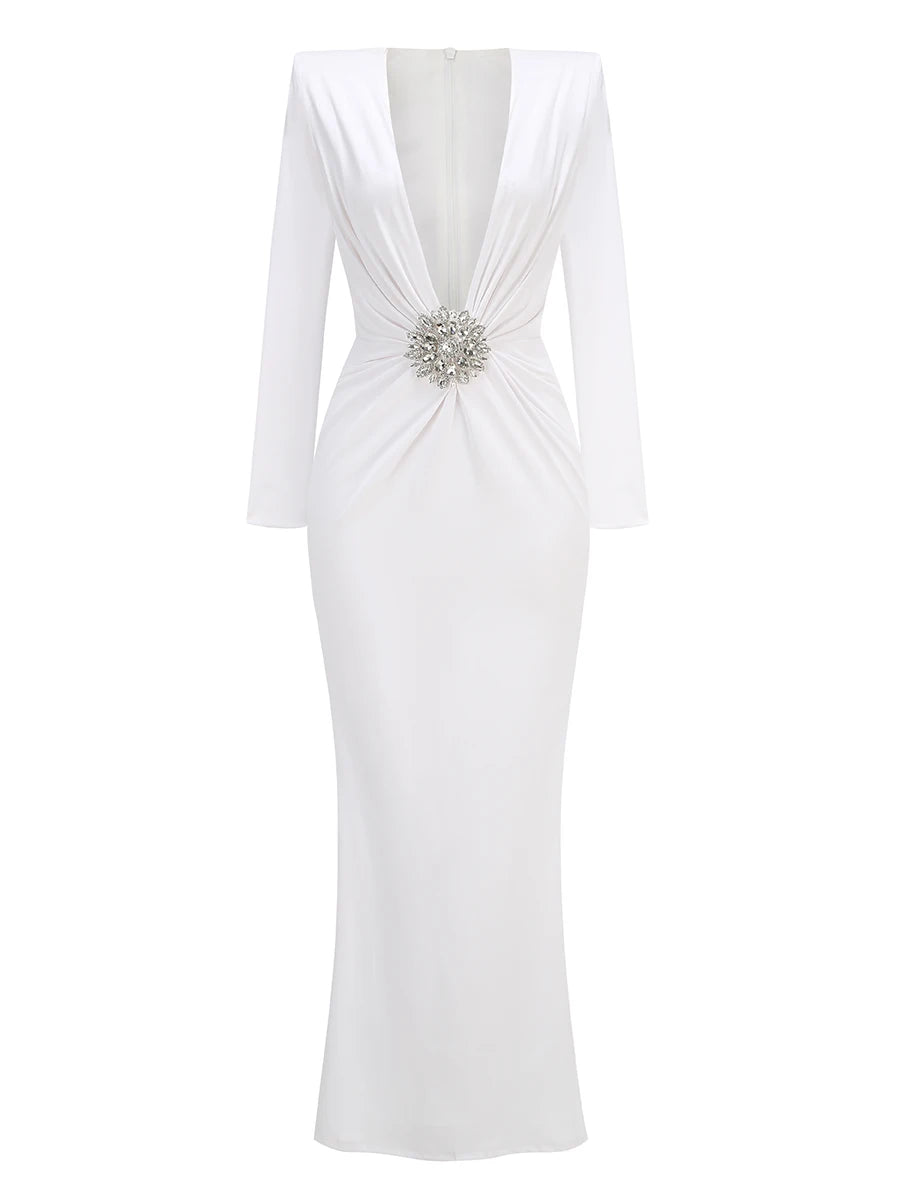 Deep V Neck Crystal Evening Party Dress