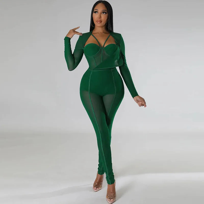 Sexy Mesh Patchwork Sheer Night Club Bodycon Jumpsuit