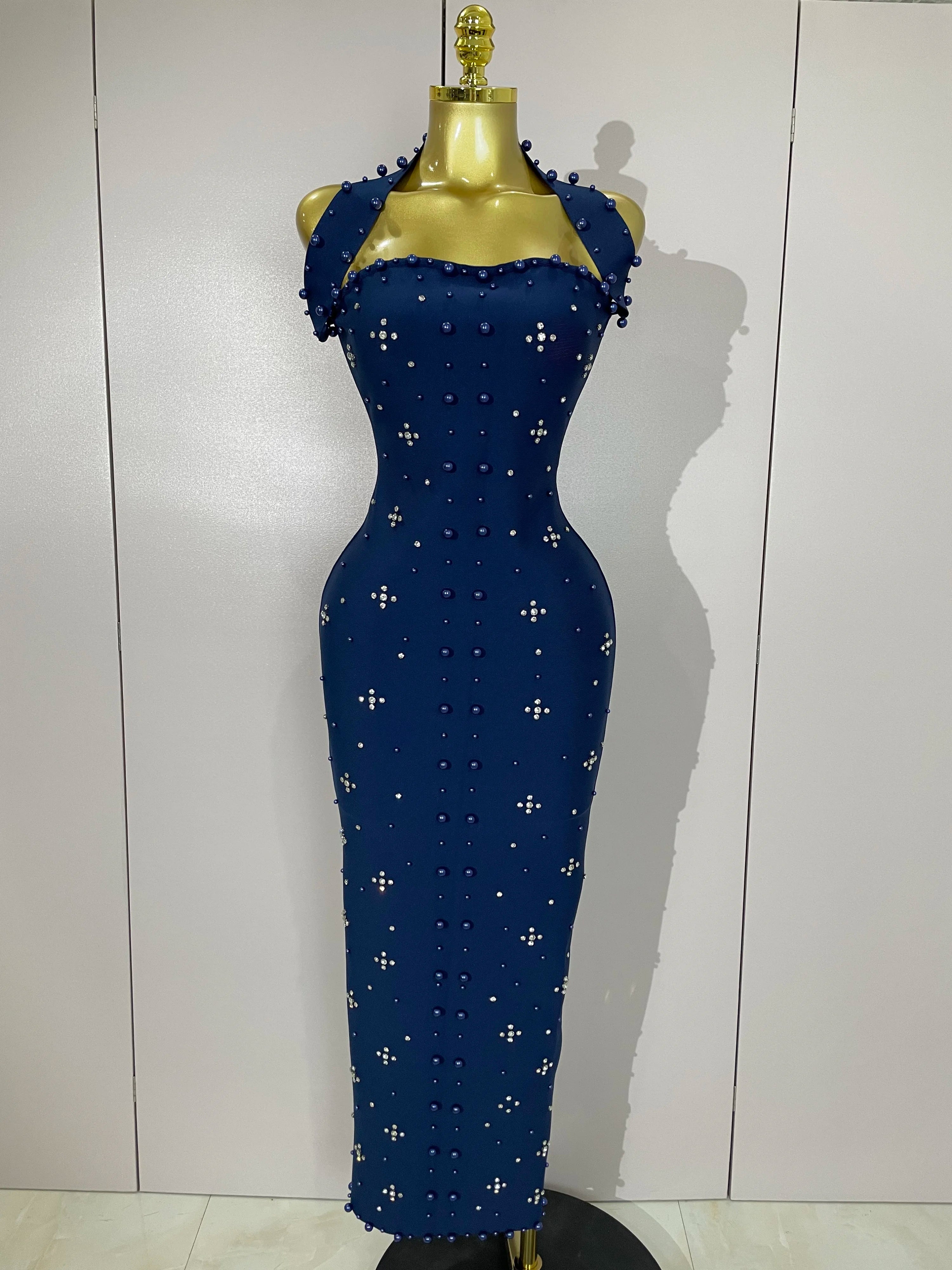 Luxury Shining Diamonds Pearls Sleeveless Bodycon Long Dress