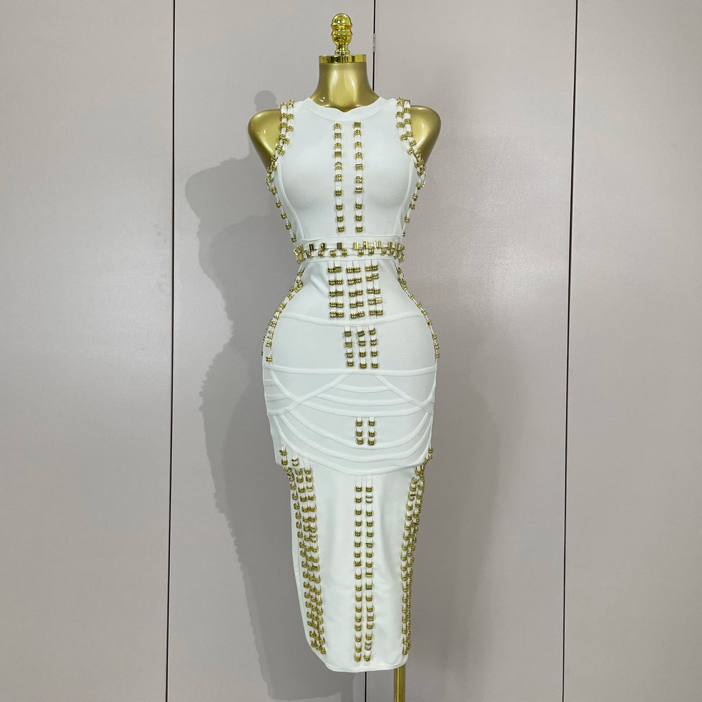 Elegance White Metal Buckle O Neck Sleeveless  Dress
