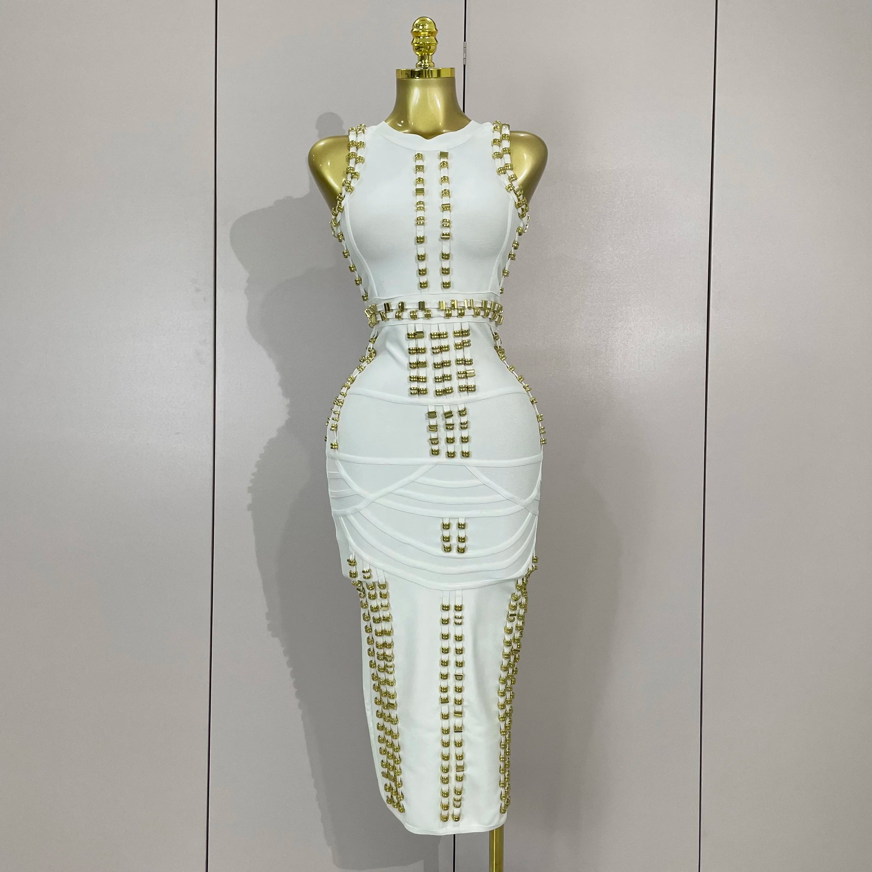 Elegance White Metal Buckle O Neck Sleeveless  Dress