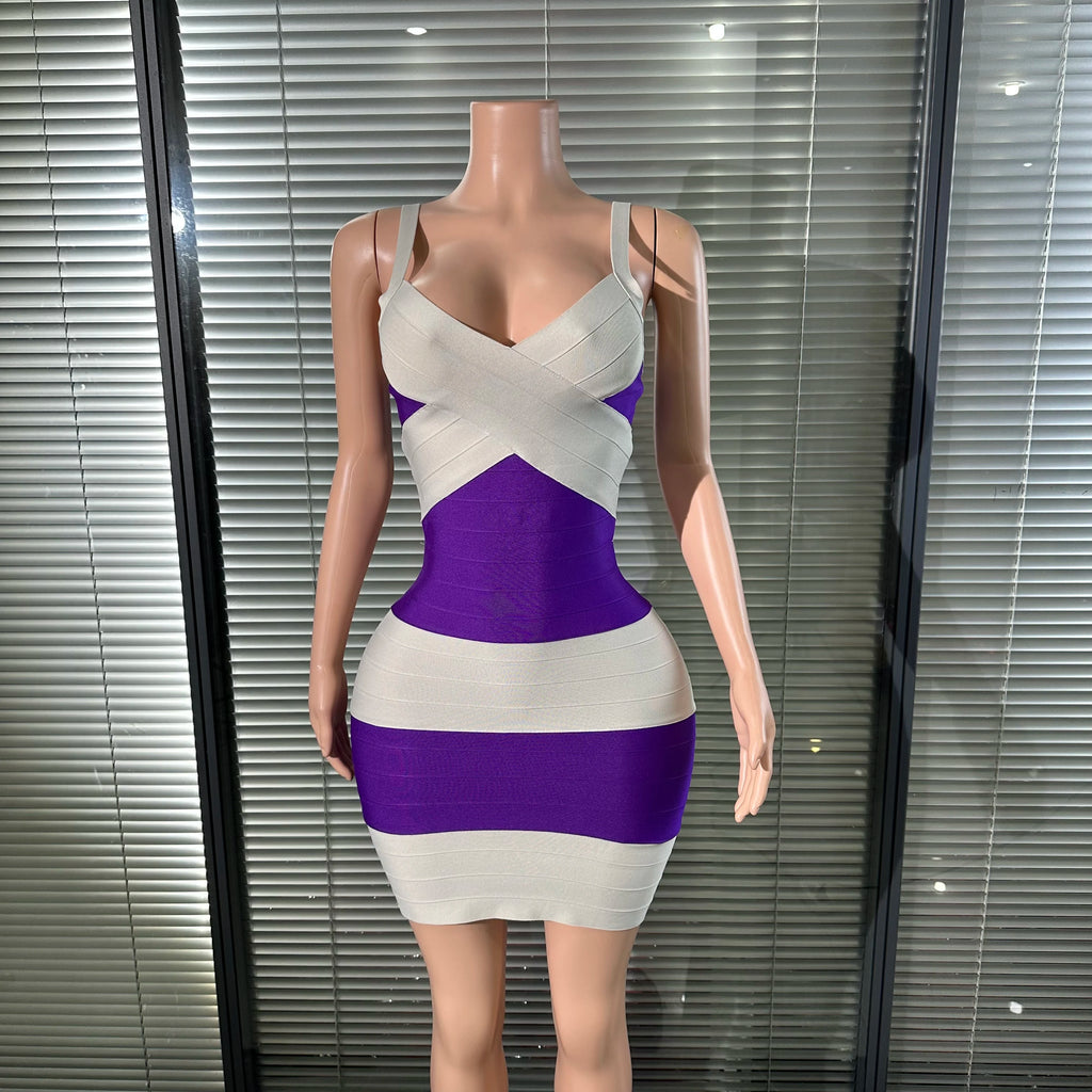 Elegant Purple White Striped Bandage Dress
