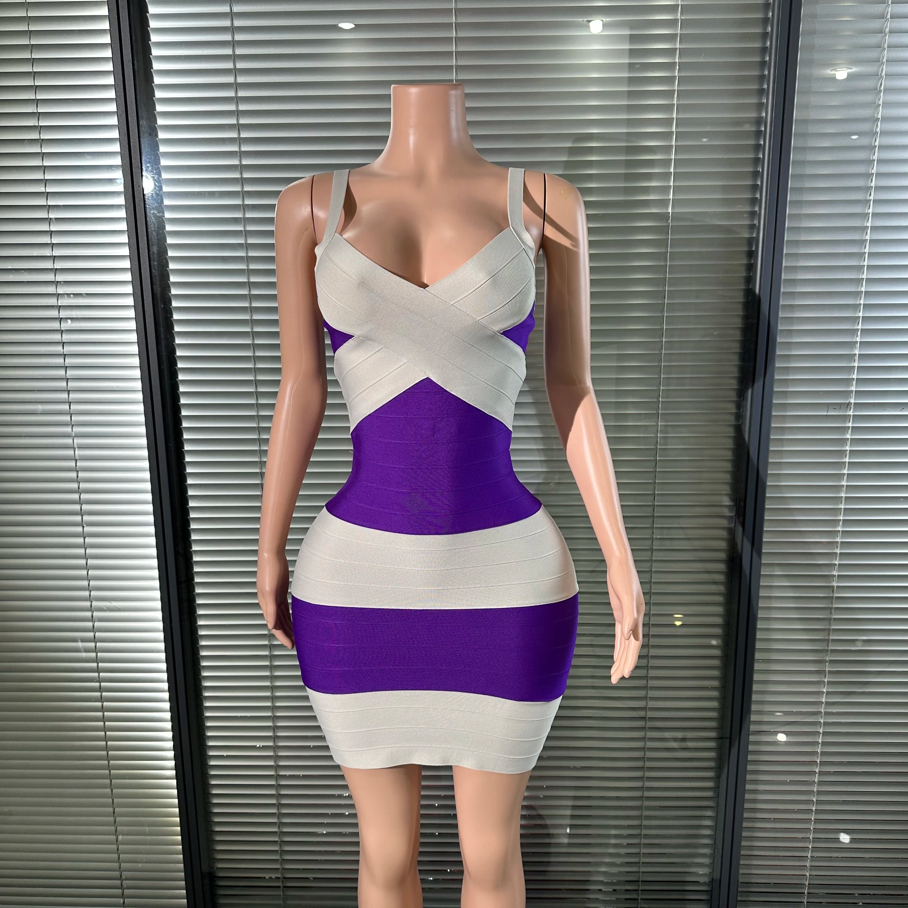 Elegant Purple White Striped Bandage Dress