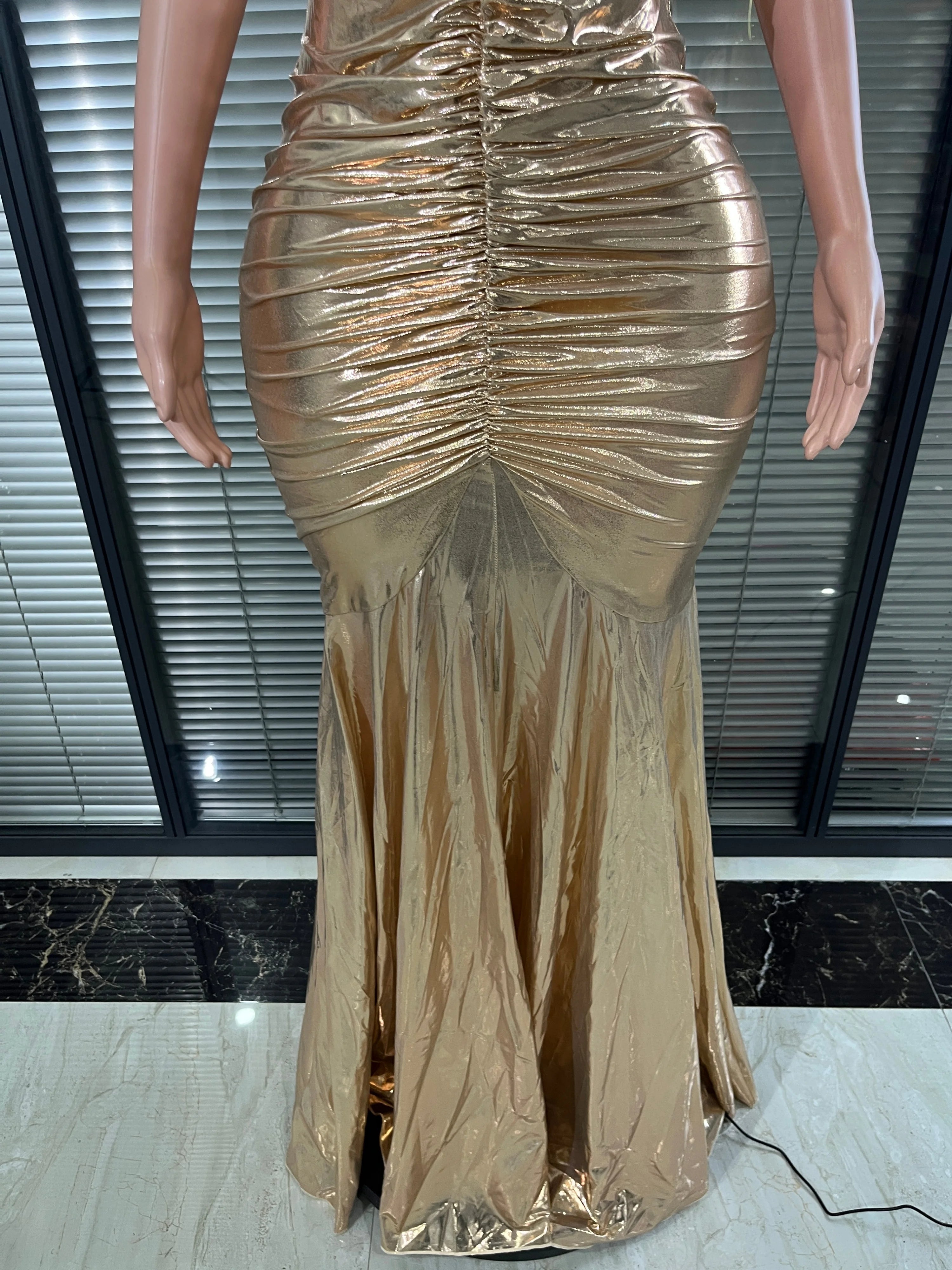 Sparkly Gold Metallic Ruched Mermaid Dress