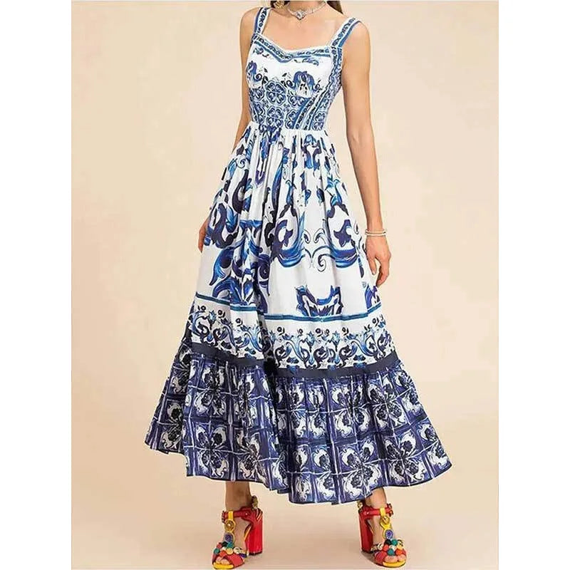Pleated Waist Cinched Midi Length Halter Dress