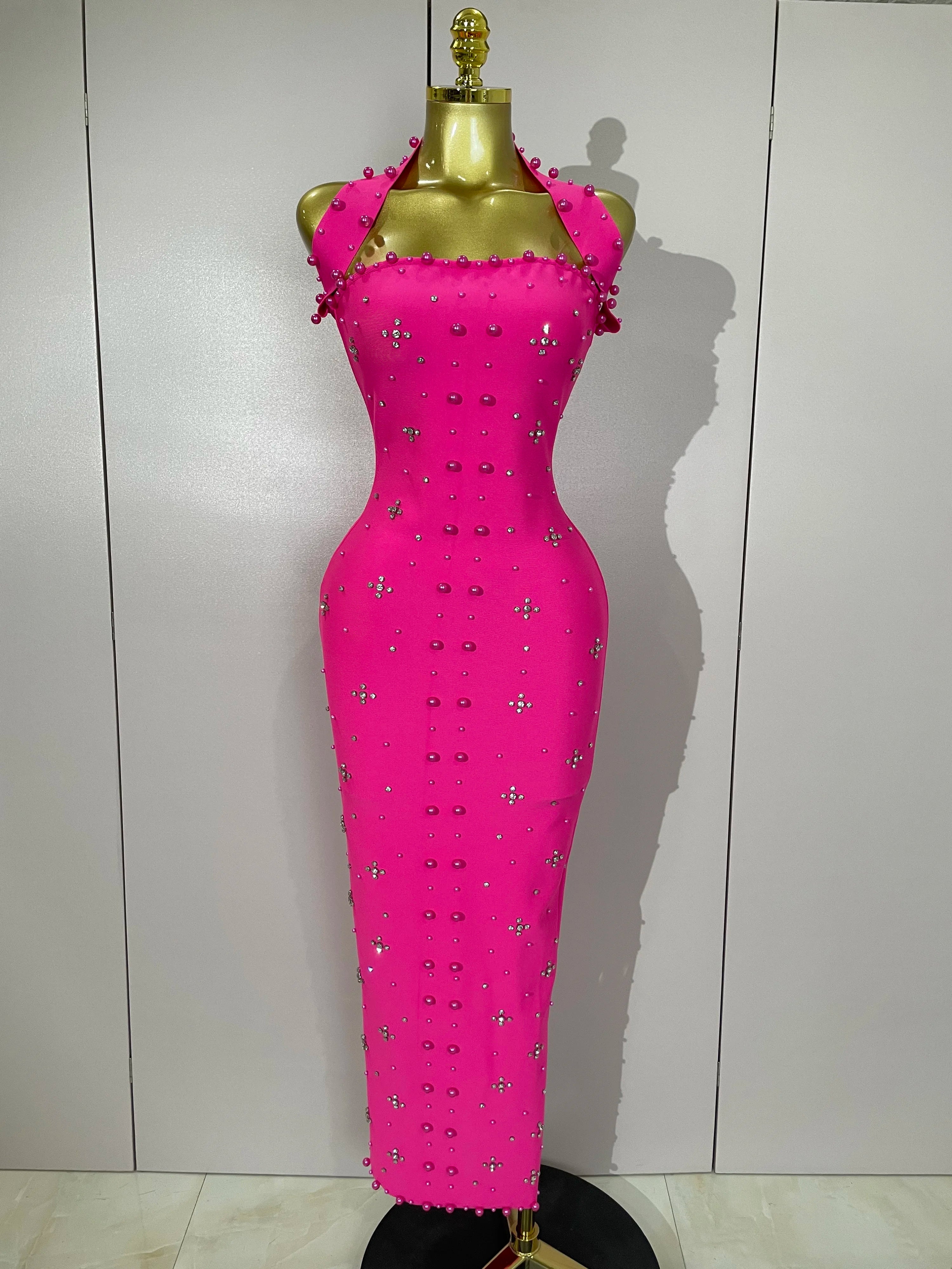 Luxury Shining Diamonds Pearls Sleeveless Bodycon Long Dress
