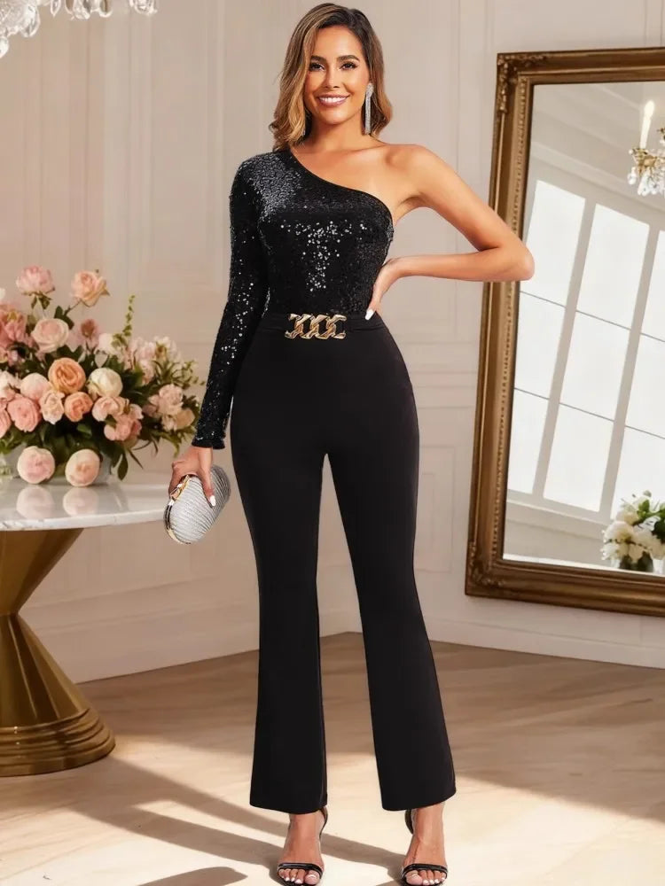 Sequin Jumpsuits Women Long Sleeve Tight High Waist