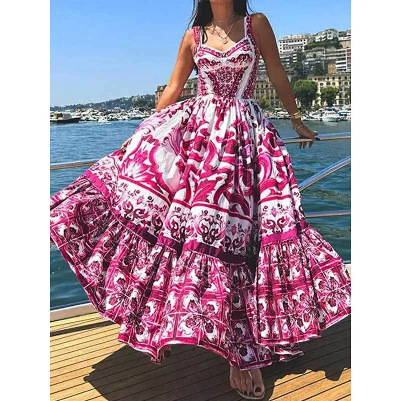 Pleated Waist Cinched Midi Length Halter Dress